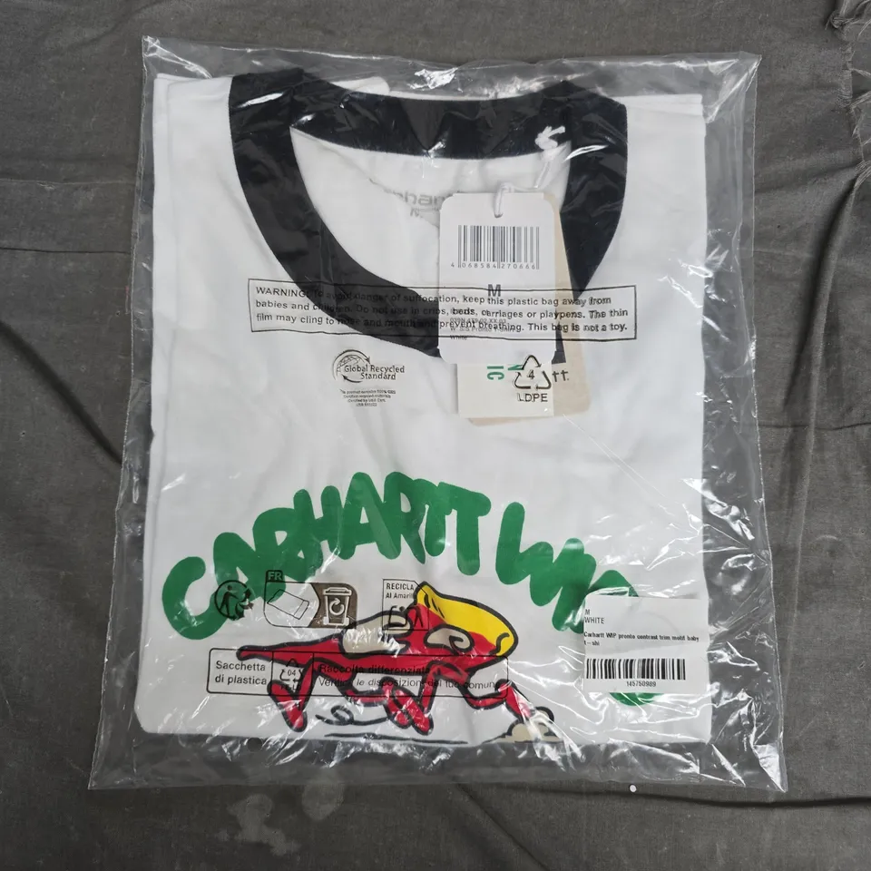 BAGGED CARHARTT WIP PRONTO CONTRAST TRIM MOTIF BABY T-SHIRT – WHITE WITH GREEN GRAPHIC, SIZE M] 