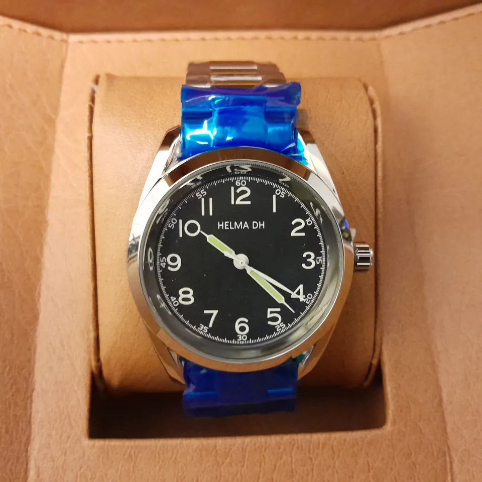 BOXED HELMA DH BLACK FACED WATCH WITH STAINLESS STEEL STRAP