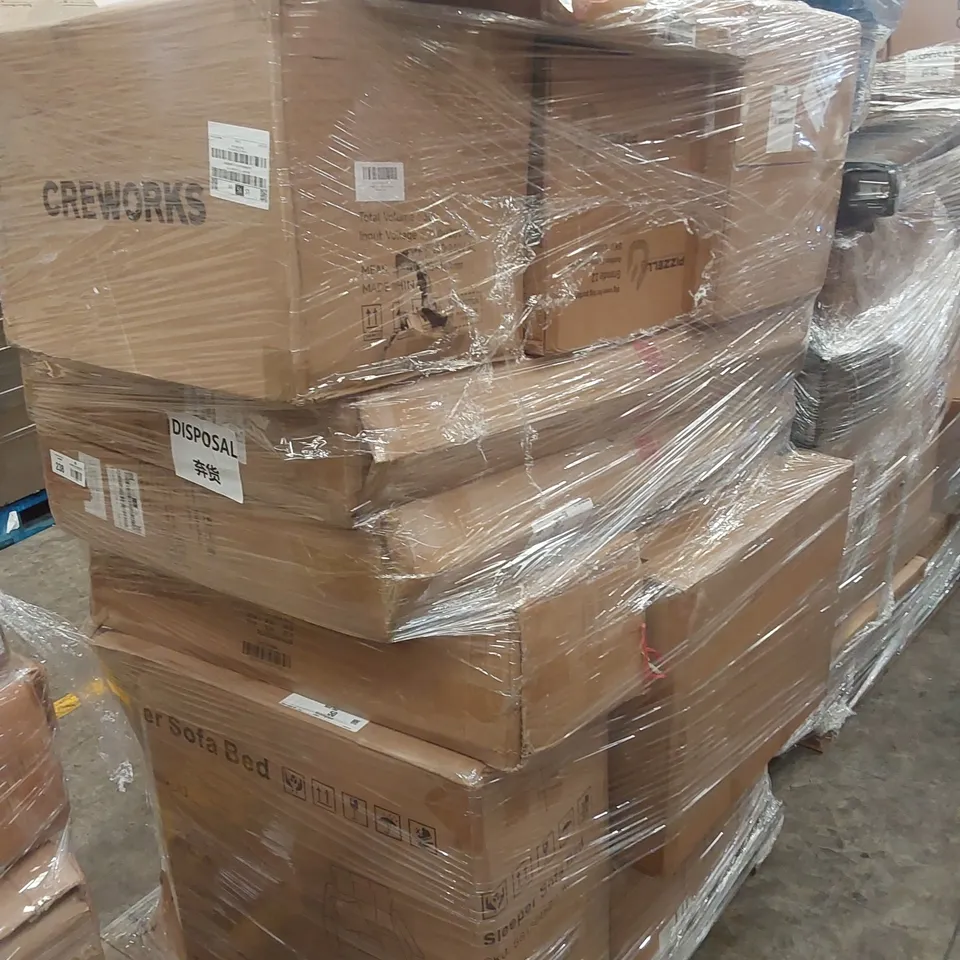 PALLET CONTAINING VARIOUS ASSORTED BOXED ITEMS TO INCLUDE,  SLEEPER SOFA BED, SPARKLING WATER MACHINE, CAR PARTS, OUTDOOR PIZZA OVEN ETC. 