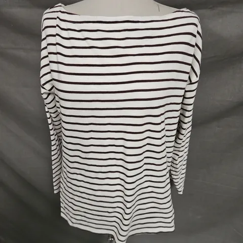 HUSH SLASH NECK STRIPE TOP IN OFF WHITE/RAISIN BROWN SIZE M