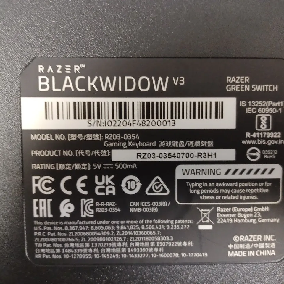 RAZER BLACKWIDOW V3 (GREEN SWITCH) - MECHANICAL GAMING KEYBOARD