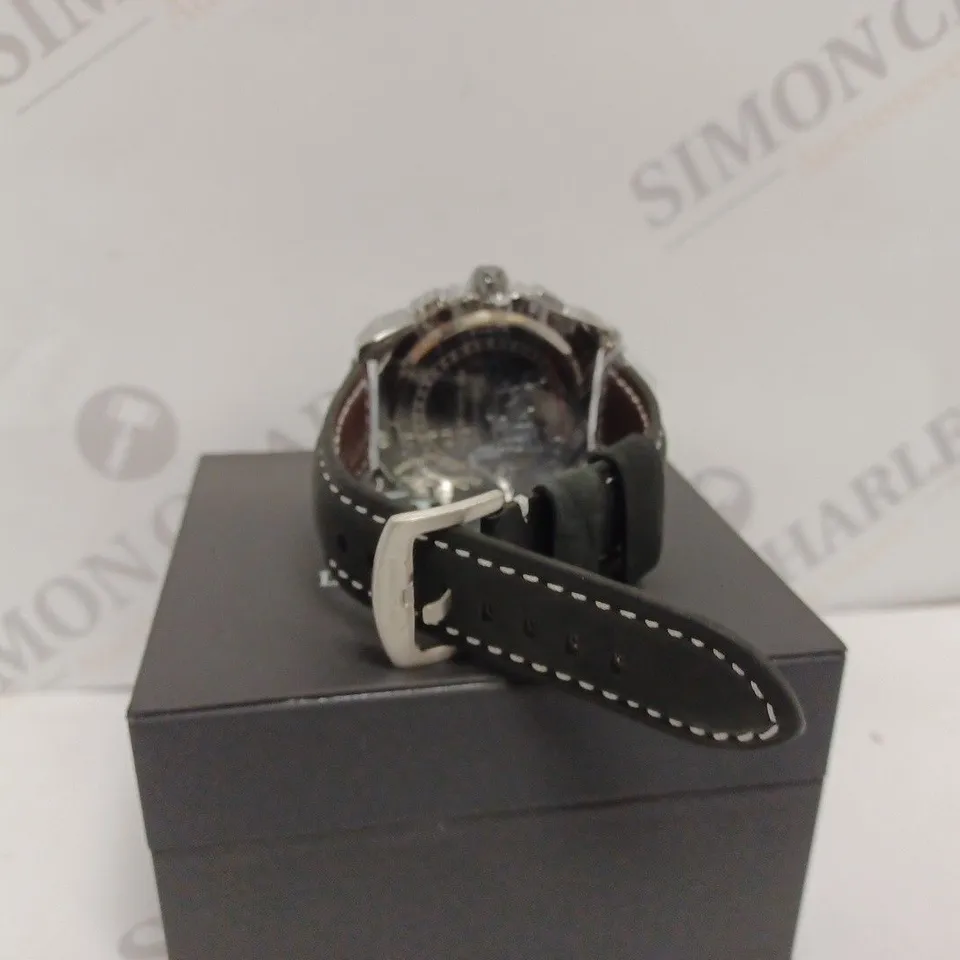 LOUIS LACOMBE MENS WATCH - MULTI FUNCTION BLACK DIAL - STAINLESS STEEL CASE - LEATHER STRAP - 3ATM WATER RESISTANT - DISPLAY BOX