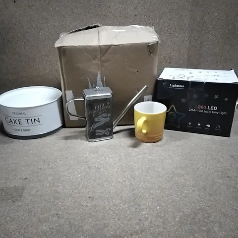 BOX TO CONTAIN ASSORTED HOUSEHOLD GOODS AND PRODUCTS TO INCLUDE; OLIVE OIL CAN, HEATED BLANKET, CAKE TIN, LE CREUSET MUG ETC