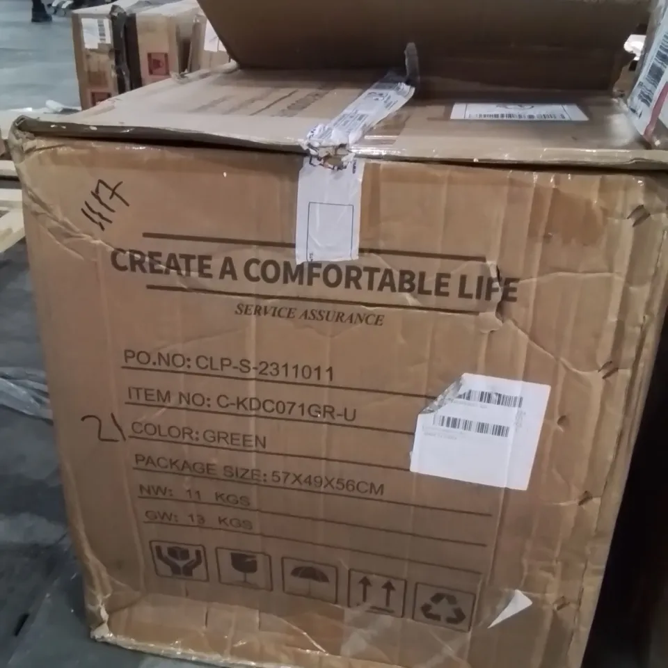 BOXED SET OF 2 DESIGNER GREEN VELVET CHAIRS, WOOD COLOURED LEGS (1 BOX)