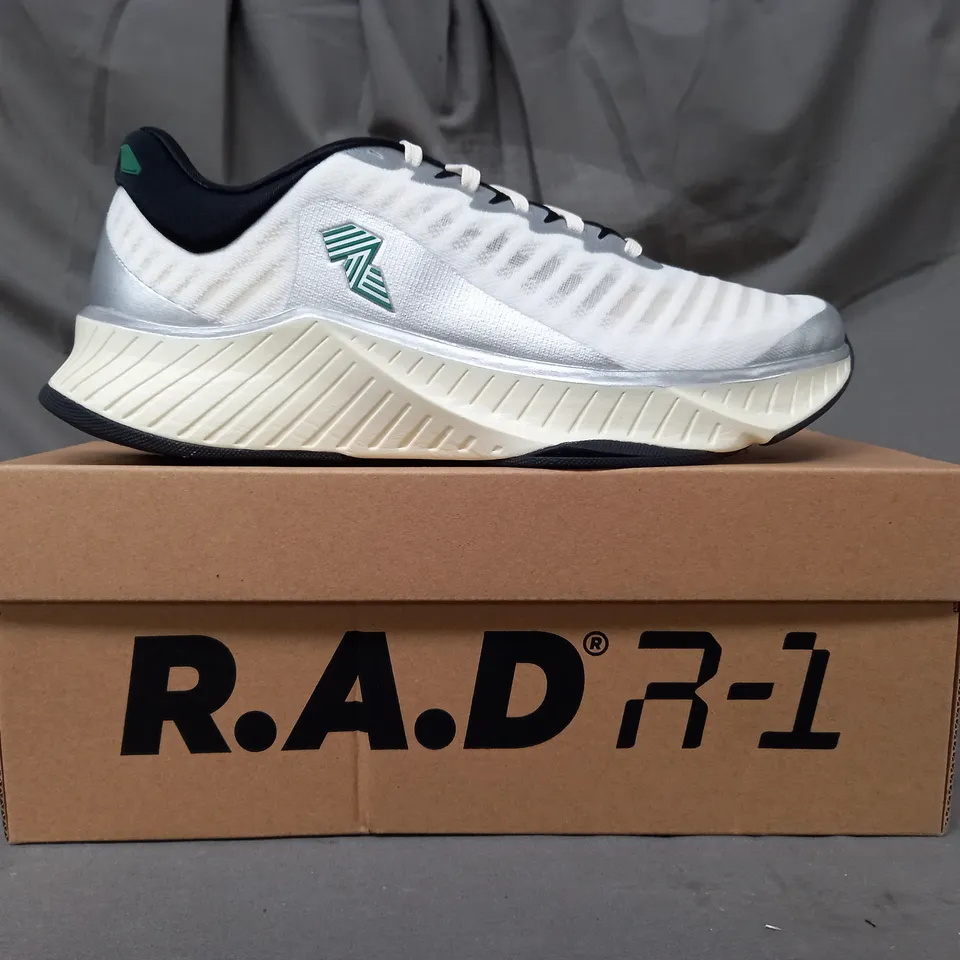 BOXED PAIR OF R.A.D. R-1 SHOES IN WHITE/METALLIC SILVER/GREEN UK SIZE 8
