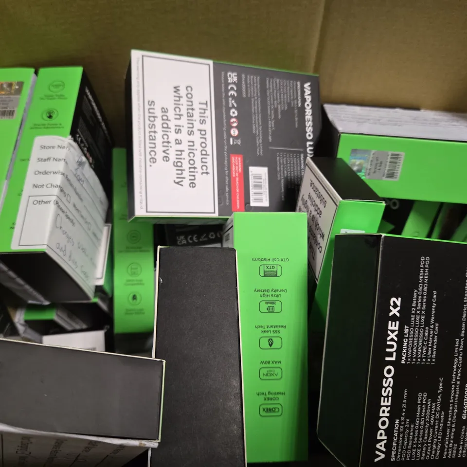 BOX OF APPROXIMATELY 18 ASSORTED E-CIGARETTES TO INCLUDE - VOOPOO , VAPORESSO 