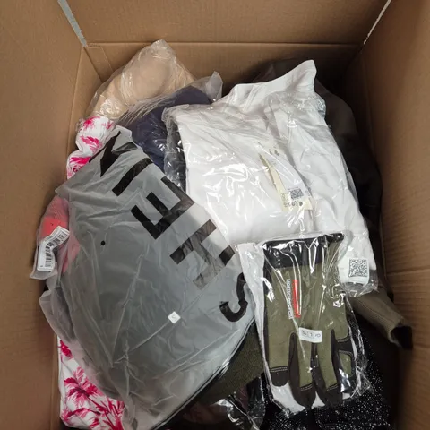 LARGE BOX OF ASSORTED CLOTHING ITEMS IN VARIOUS SIZES, STYLES AND COLOUR 