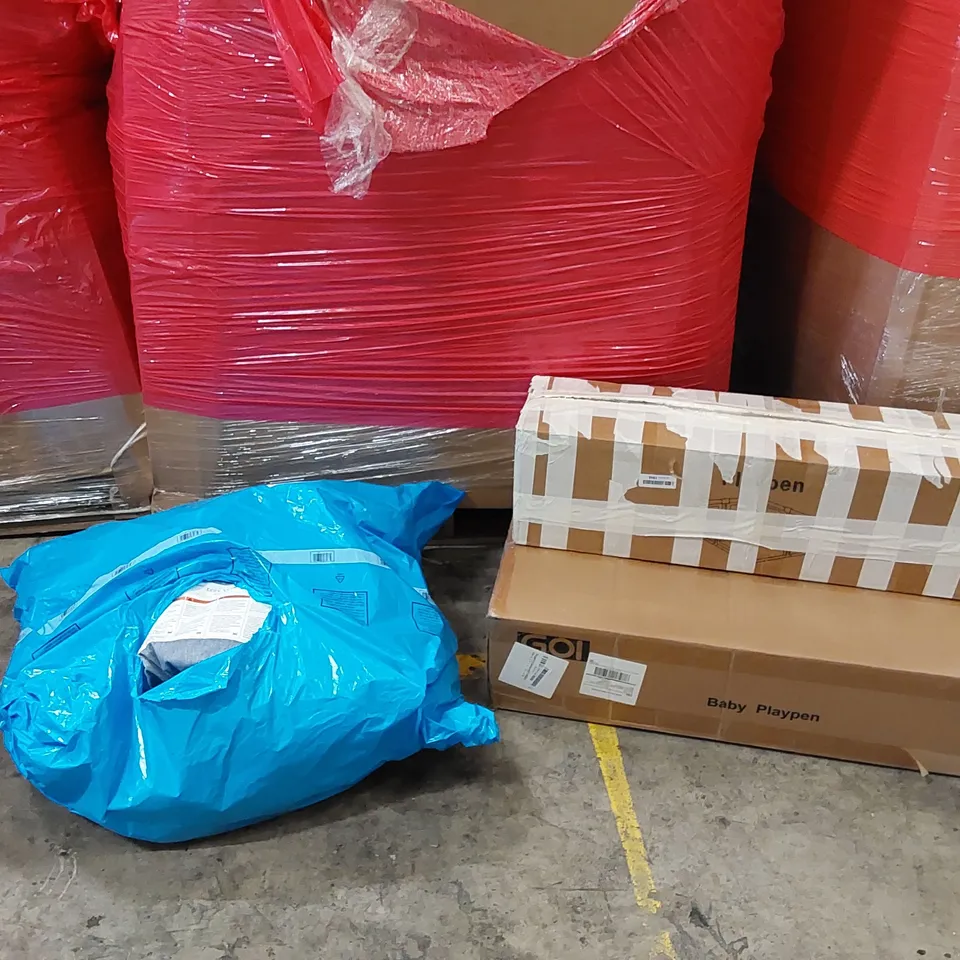 PALLET OF ASSORTED ITEMS INCLUDING: BABY PLAY PENS, DOCKATOT BABY LOUNGER ECT
