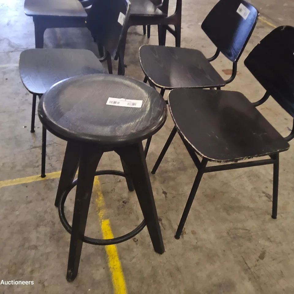 THREE WOIDEN CAFE CHAIRS METAL FRAMES & DARK WOOD STOOL