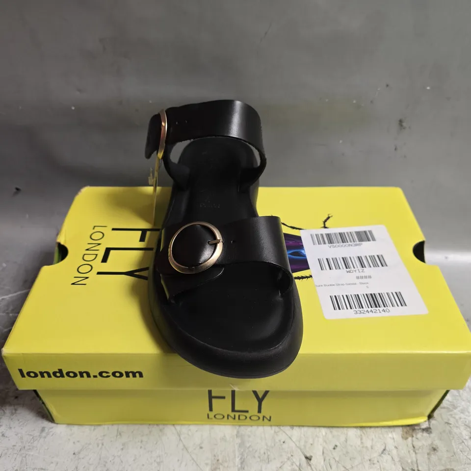 BOXED PAIR OF FLY LONDON BRIDLE SANDALS IN BLACK - UK 5