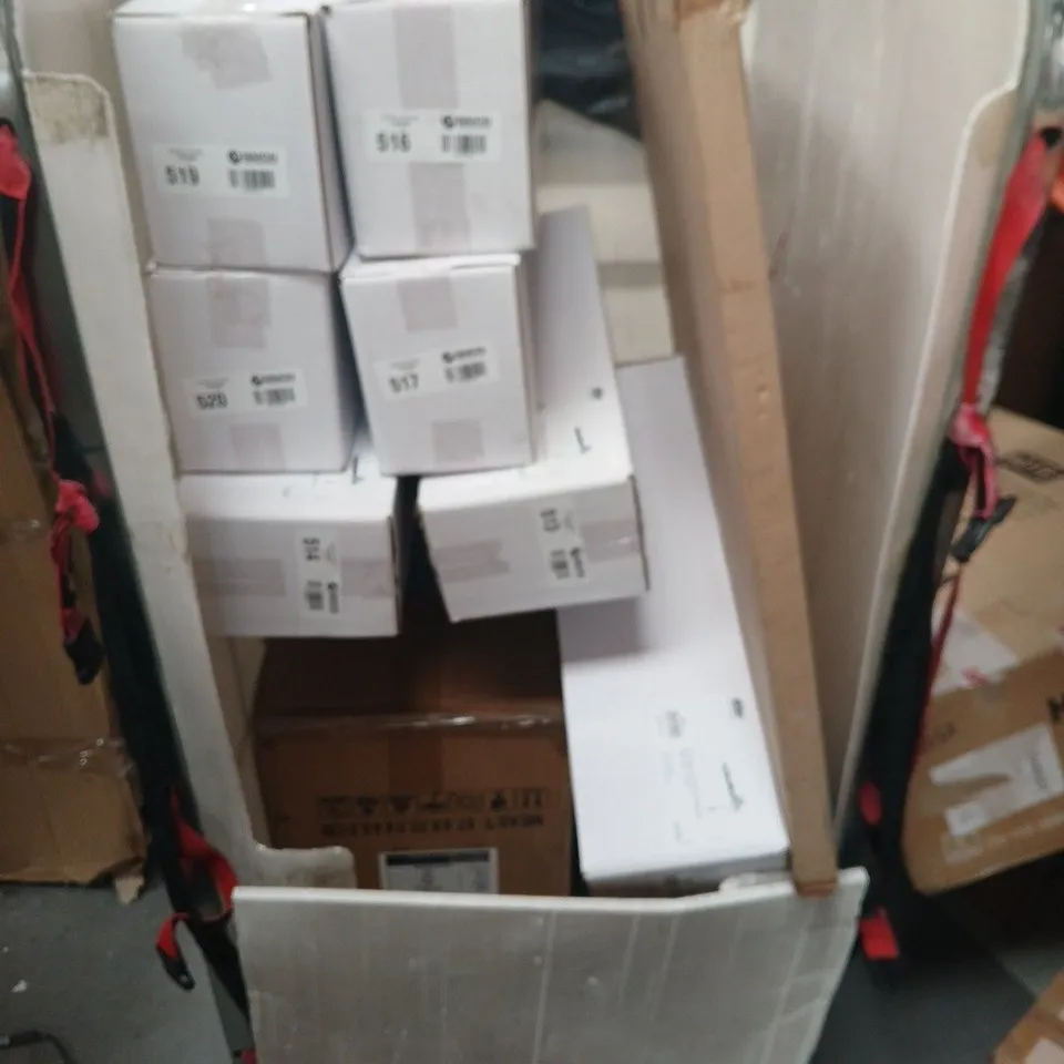 CAGE AND PALLET OF ASSORTED HOUSEHOLD ITEMS TO INCLUDE; CHRISTMAS DECORATIONS, WALL LIGHT COAT RACK/S, PALLET OF ASSORTED FURNITURE AND PARTS.