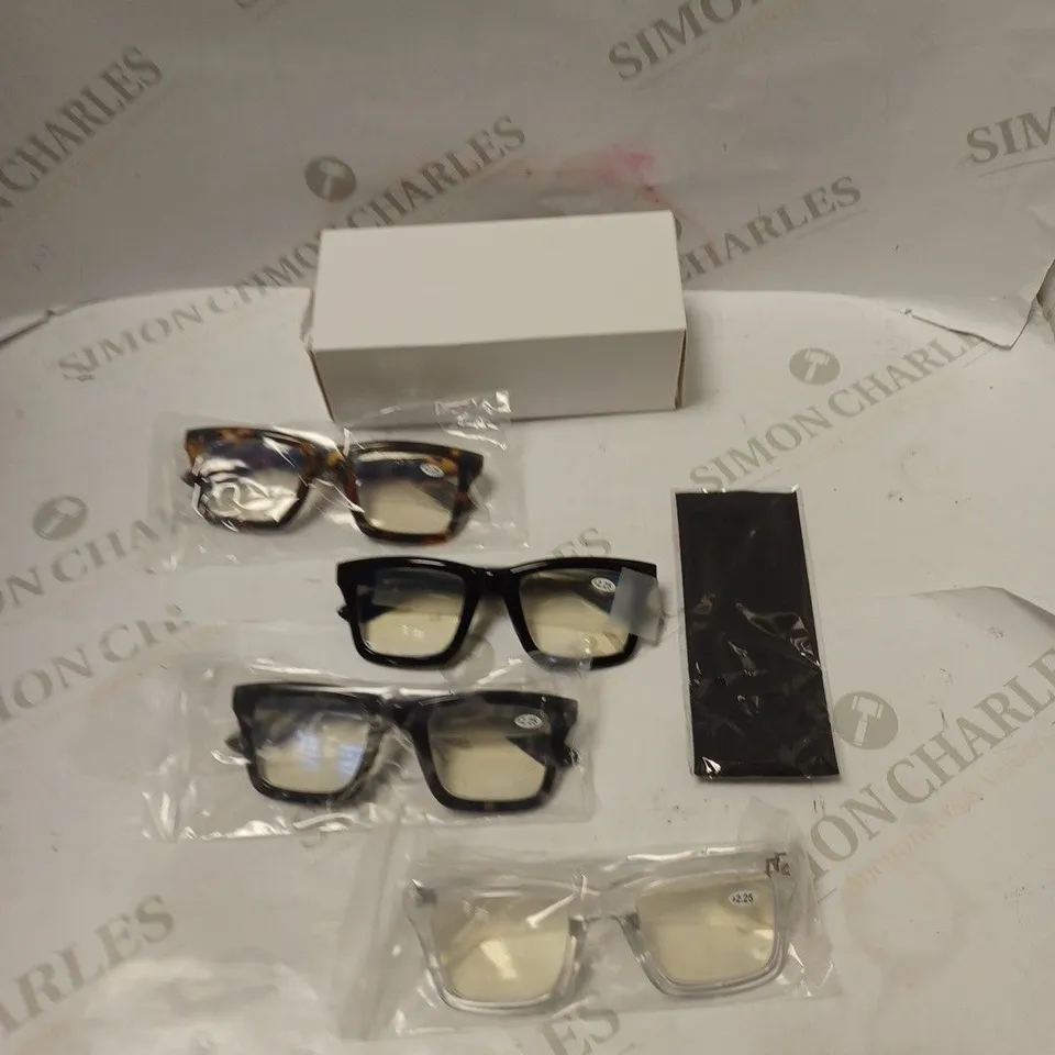BOXED ASSORTMENT OF READING GLASSES. FOUR PAIRS PLUS CLEANING CLOTH