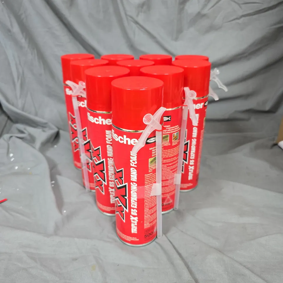 BOX OF APPROXIMATELY 14 CANS OF FISCHER TRIPLE X EXPANDING HAND FOAM 500ML PER CAN