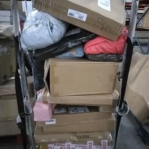 CAGE OF ASSORTED HOUSEHOLD GOODS TO INCLUDE SHOE RACK, HANDLING TOOL AND PET AIR BOX