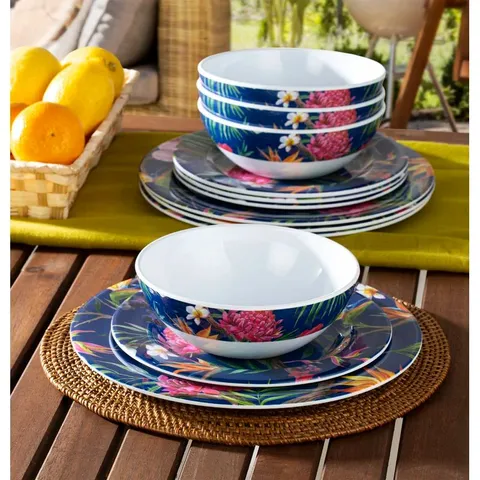 BOXED MEGARA TROPICAL 12 PIECE MELAMINE DINNERWARE SET, SERVICE FOR 4