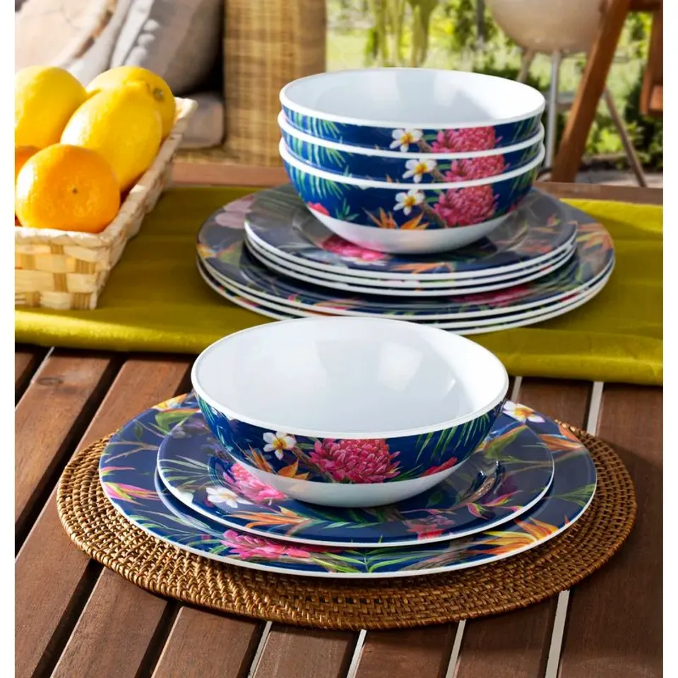 BOXED MEGARA TROPICAL 12 PIECE MELAMINE DINNERWARE SET, SERVICE FOR 4