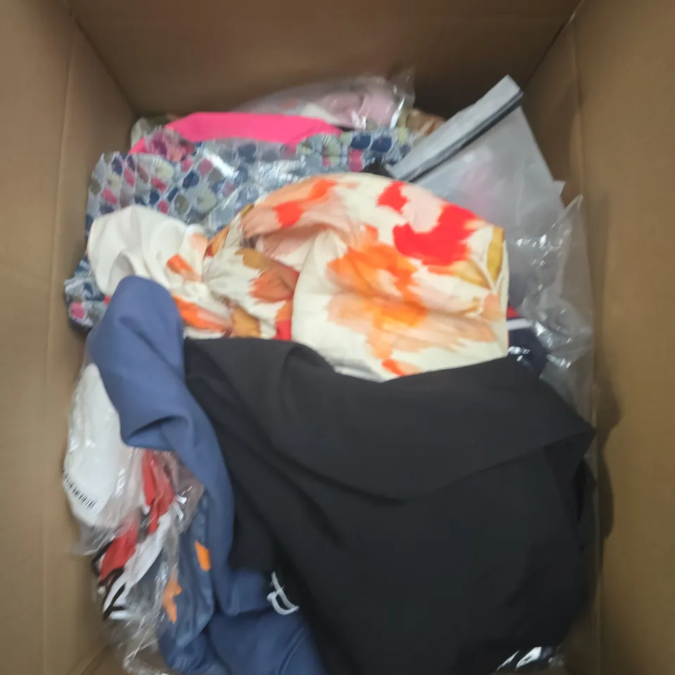 LARGE BOX OF APPROXIMATELY 25 ASSORTED CLOTHING ITEMS IN VARIOUS COLOURS, STYLES AND SIZES - COLLECTION ONLY