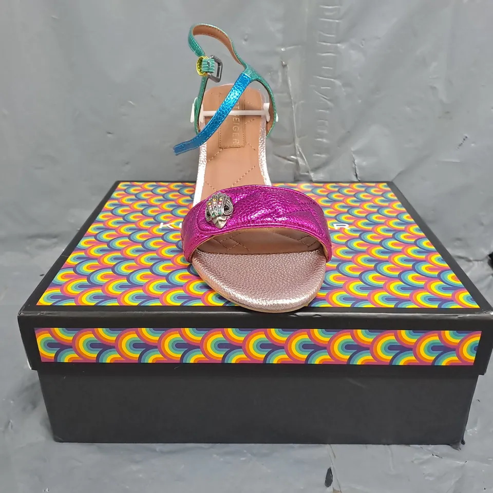 BOXED PAIR OF KURT GEIGER OPEN TOE BLOCK HEEL SANDALS IN MULTICOLOUR SIZE EU 39