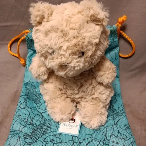 JELLYCAT LONDON BEIGE BEAR PLUSH – WITH TURQUOISE DRAWSTRING BAG