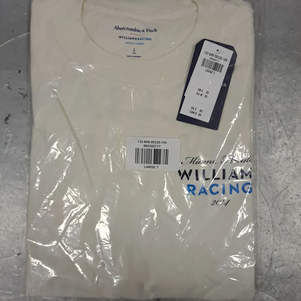 ABERCROMBIE & FITCH WILLIAMS RACING T-SHIRT IN CREAM SIZE LARGE