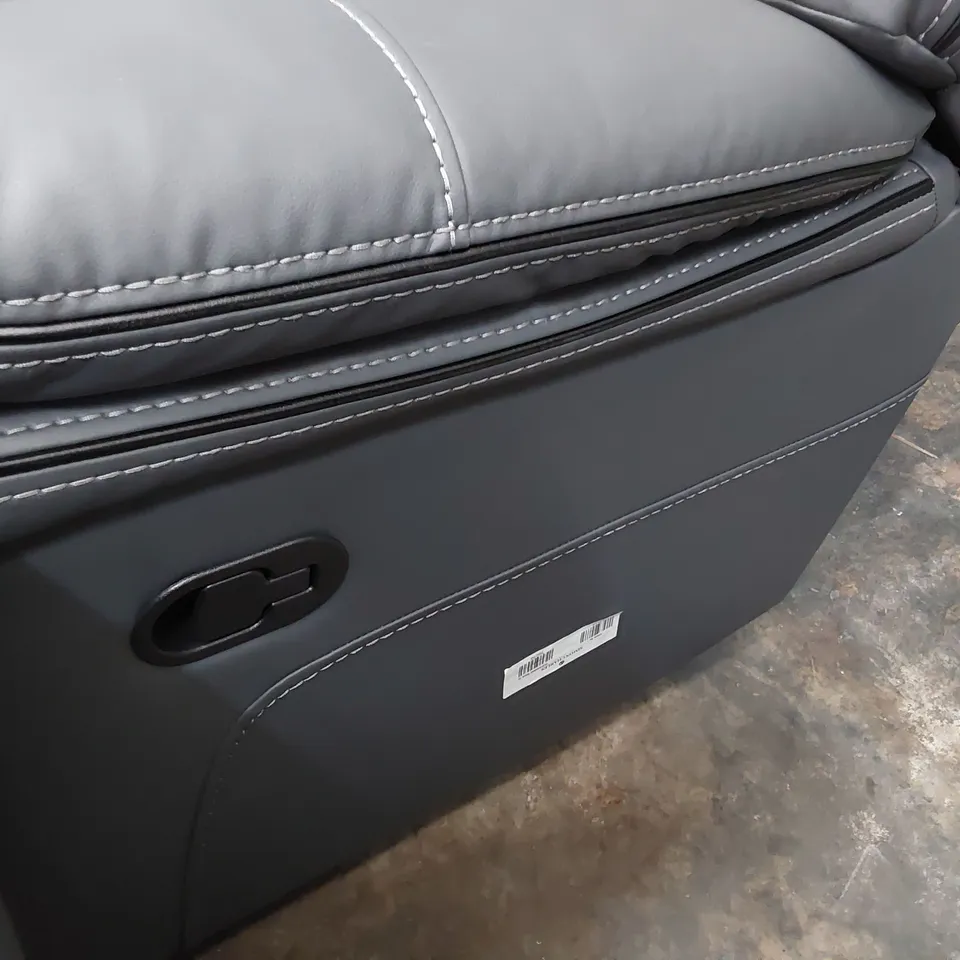 DESIGNER MANUAL RECLINING THREE SEATER SOFA GREY LEATHER WITH BLACK PIPING & FEATURED STITCHING 