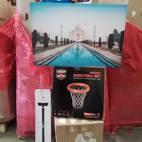 PALLET CONTAINING VARIOUS ASSORTED BOXED HOUSEHOLD ITEMS TO INCLUDE: TAJ MAHAL CANVAS, PORTABLE BASKET BALL NET, HAPPY TAP HAND WASHER, AND LOTS MORE UNMARKED BOXED ITEMS
