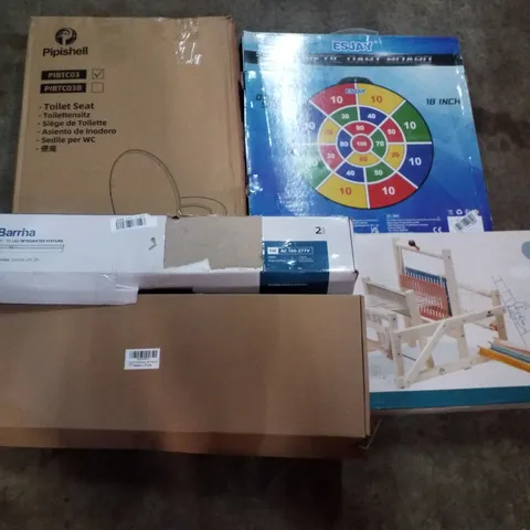 PALLET CONTAINING ASSORTED PRODUCTS INCLUDING MAGNETIC DART BOARD, XMAS DECORATIONS, LED INTEGRATED FIXTURE, TOILET SEAT, MICKI WEAVING LOOM 