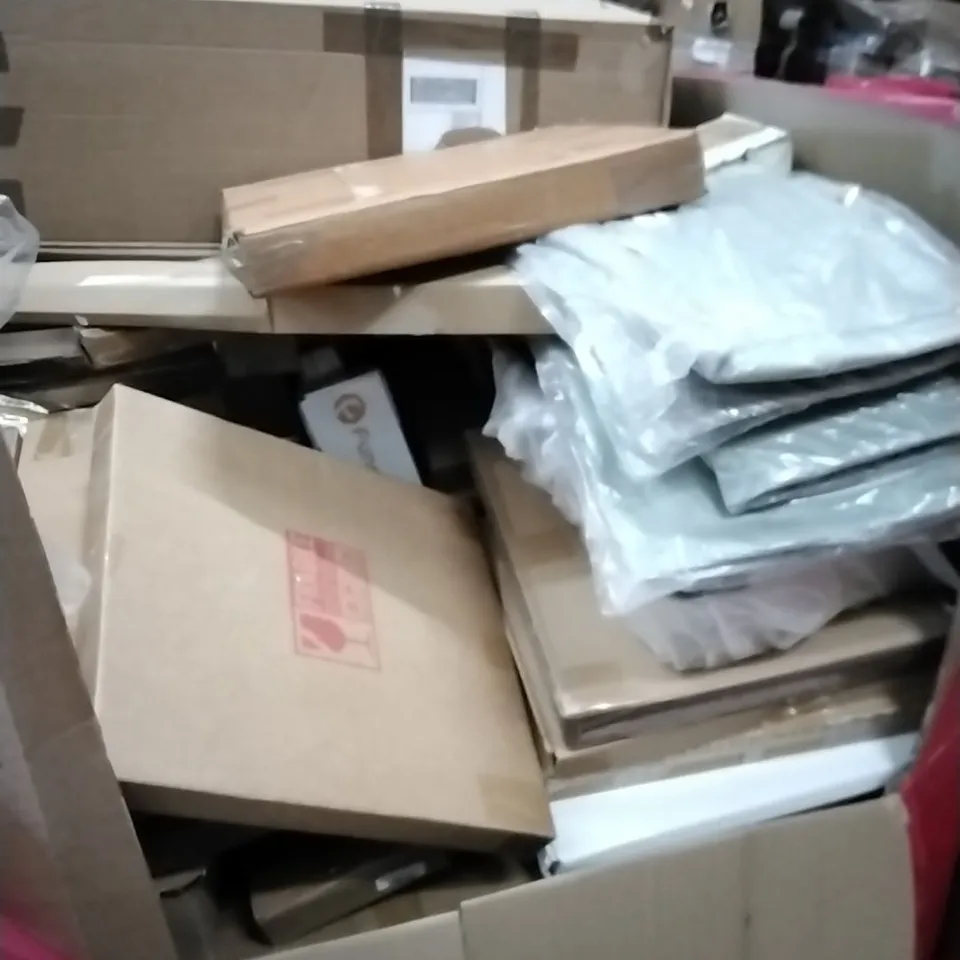 PALLET OF ASSORTED HOUSEHOLD GOODS AND PRODUCTS TO INCLUDE; COMPUTER MONITOR, FRYING PAN, CHILD'S SWING, BOXED FURNITURE ETC 