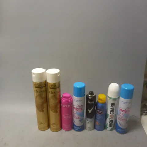 APPROXIMATELY 12 ASSORTED AEROSOLS TO INCLUDE LOREAL ELNETT, SURE INVISIBLE, AND ESTRID SHAVE GEL ETC. 