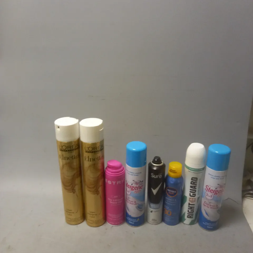 APPROXIMATELY 12 ASSORTED AEROSOLS TO INCLUDE LOREAL ELNETT, SURE INVISIBLE, AND ESTRID SHAVE GEL ETC. 