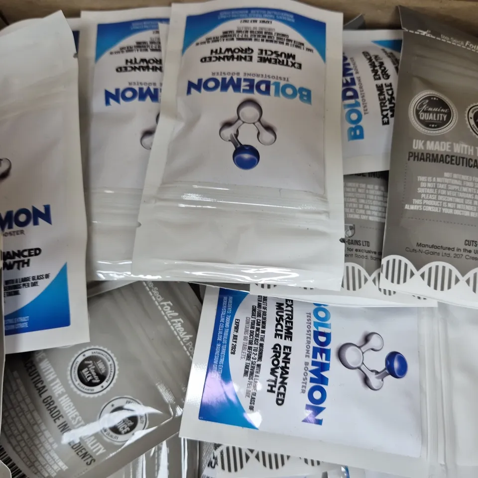 BOX OF APPROXIMATELY 140 PACKS OF CUTS-N-GAINS TABLETS - BOLDEMON TESTOSTERONE BOOSTER (60 TABLETS PER PACK)