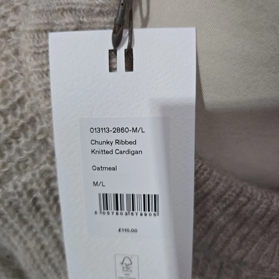 HUSH CHUNKY RIBBED KNITTED CARDIGAN – OATMEAL – SIZE M/L