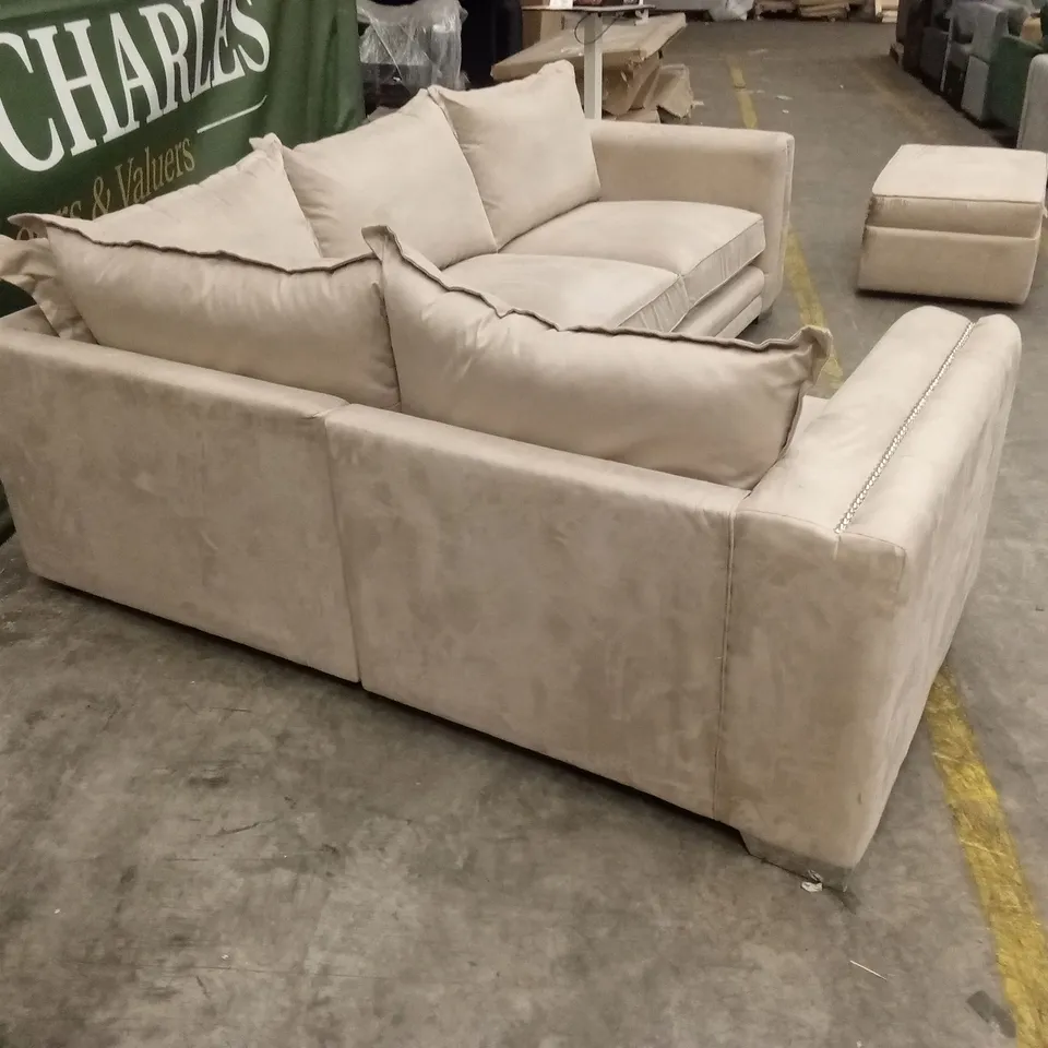 QUALITY DESIGNER SUEDE CORNER SOFA WITH FOOTSTOOL