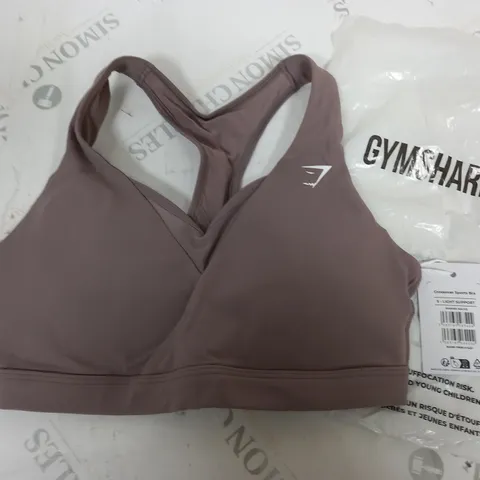 GYMSHARK CROSSOVER SPORTS BRA IN WASHED MAUVE - S LIGHT SUPPORT