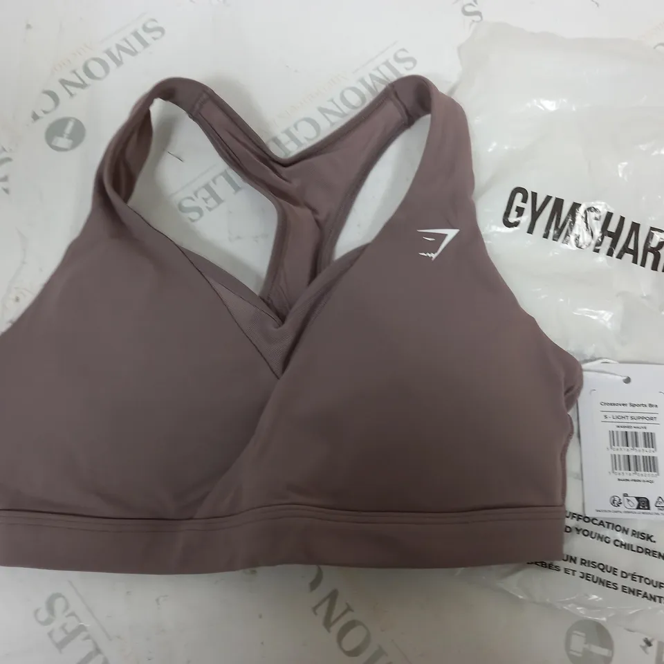 GYMSHARK CROSSOVER SPORTS BRA IN WASHED MAUVE - S LIGHT SUPPORT