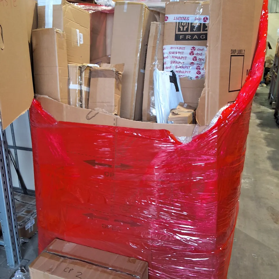 PALLET OF ASSORTED HOUSEHOLD ITEMS TO INCLUDE FACE AND HAIR STEAMER, ONLINE SKATES AND BASIC STANDING DESK