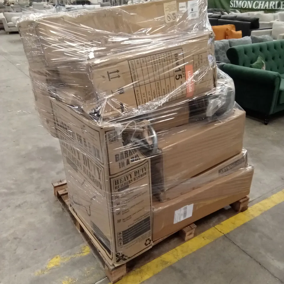 PALLET OF ASSORTED HOUSEHOLD GOODS AND PRODUCTS TO INCLUDE; TROLLEY, WHEEL BARROW, RATTAN FURNITURE ETC