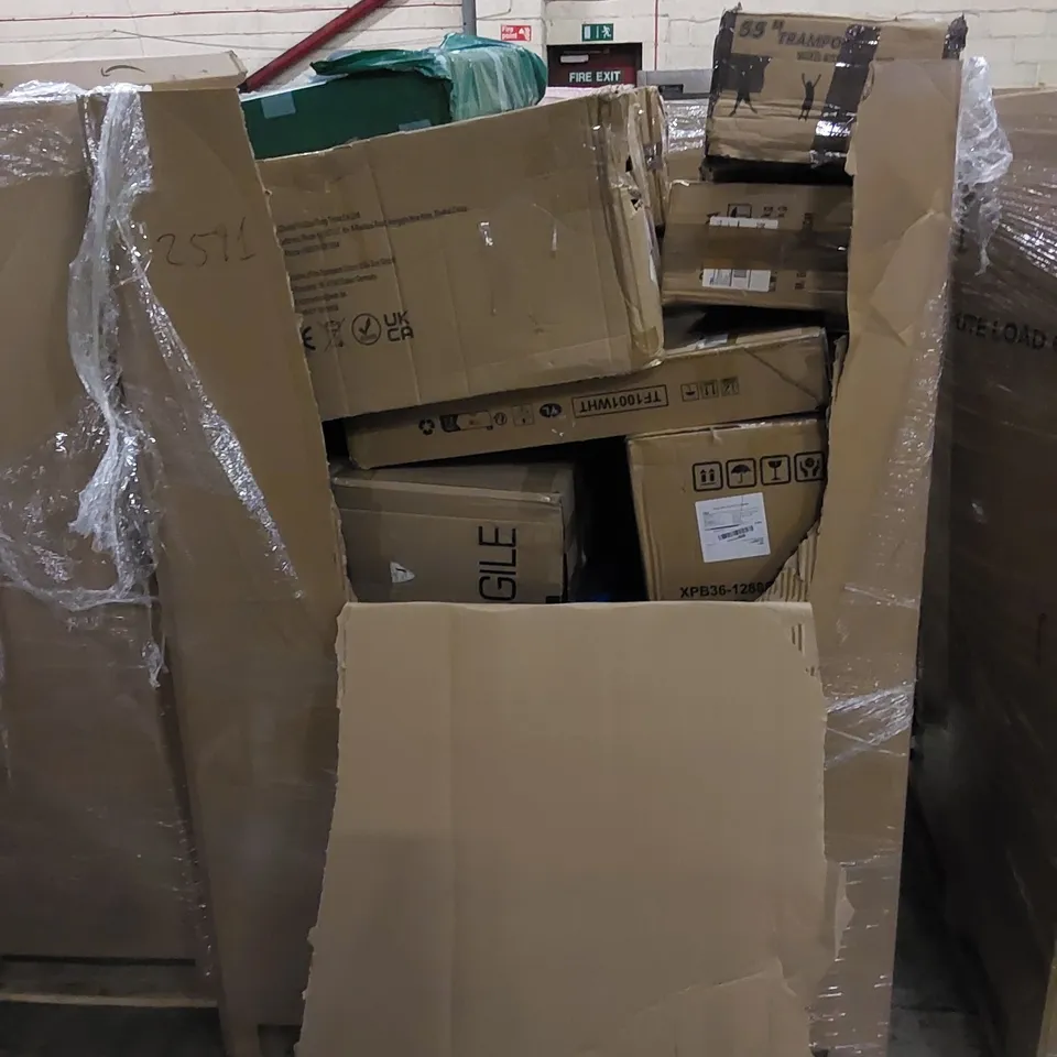 PALLET TO CONTAIN ASSORTED HOUSEHOLD ITEMS AND CONSUMER PRODUCTS. INCLUDING TOYS, TRAMPOLINE, BOXED FURNITURE ETC