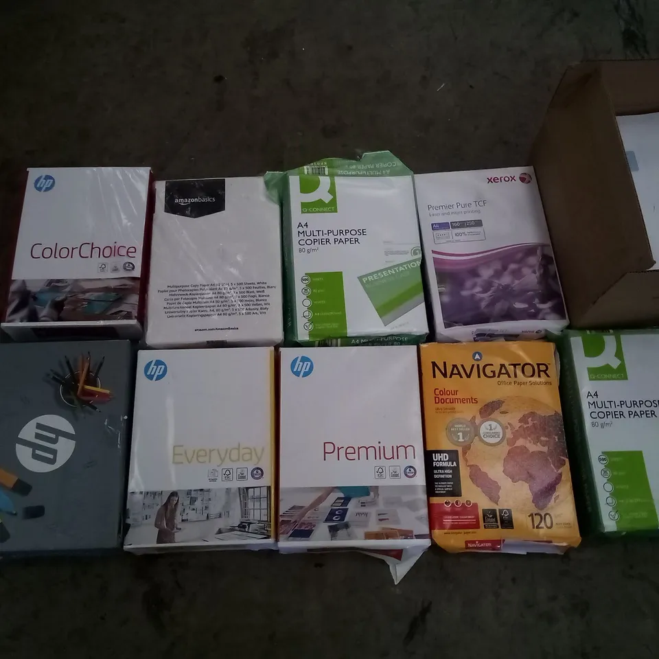 PALLET OF ASSORTED A4 PAPER PACKS BY BRANDS INCLUDING HP, AMAZON, D-CONNECT, NAVIGATOR, XEROX