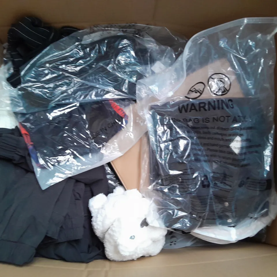 LARGE BOX OF ASSORTED CLOTHING ITEMS IN VARIOUS SIZES, STYLES AND COLOUR 