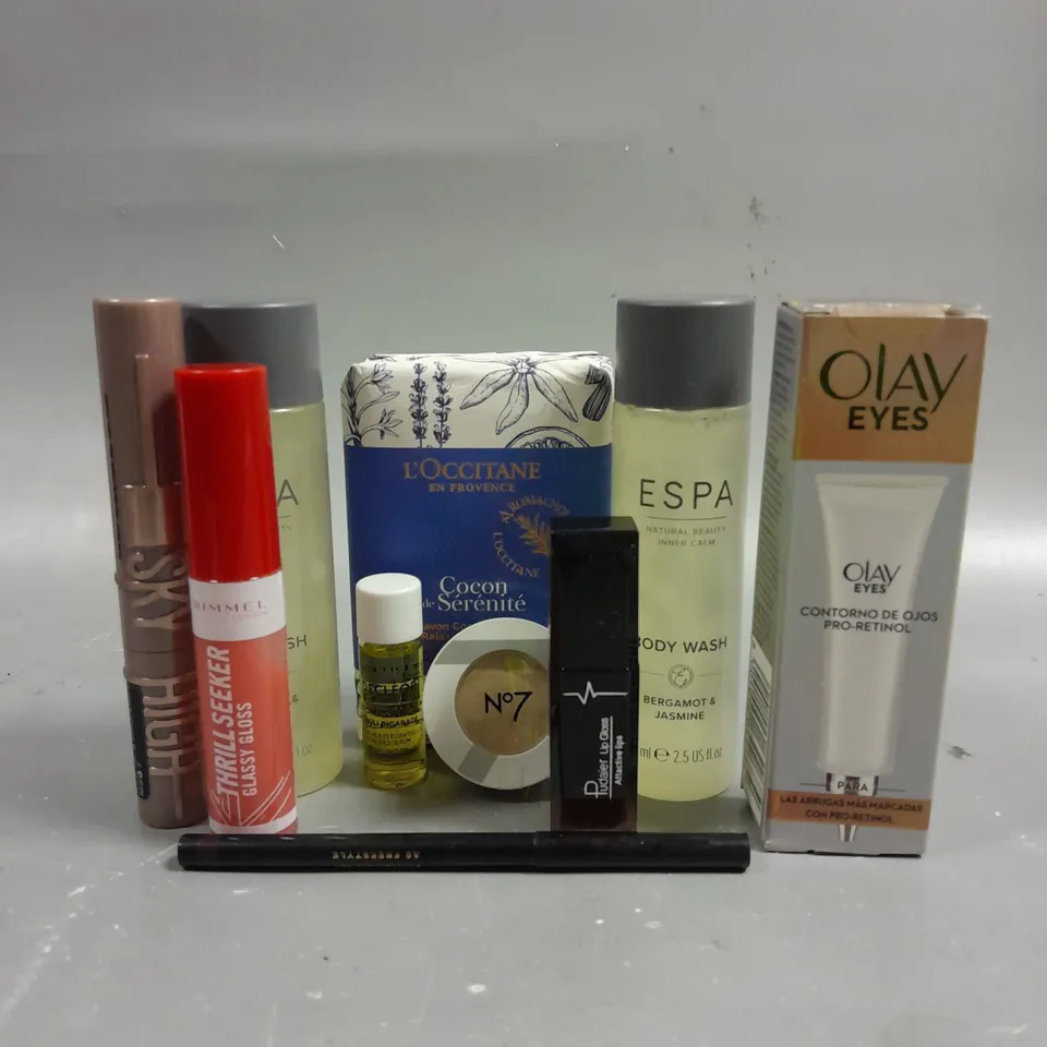 LOT OF 10 ASSORTED HEALTH AND BEAUTY ITEMS TO INCLUDE L'OCCITANE COCON DE SERENITE RELAXING BODY SOAP 200G, ESPA BODY WASH (75ML), MAYBELLINE SKY HIGH MASCARA IN VERY BLACK, ETC. 