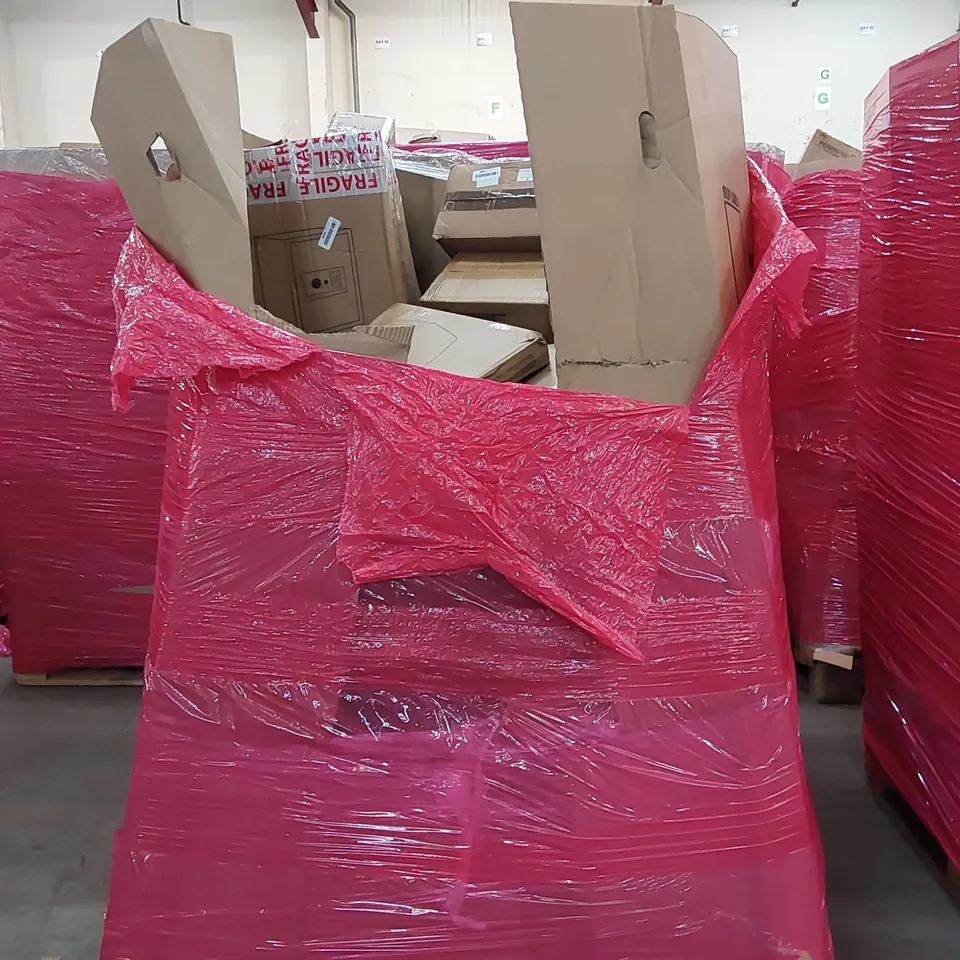 PALLET OF ASSORTED CONSUMER PRODUCTS TO INCLUDE: SAFE BOX, PLAYPEN, PORTABLE SHELVES, BLINDS, 5OILET SEST ECT