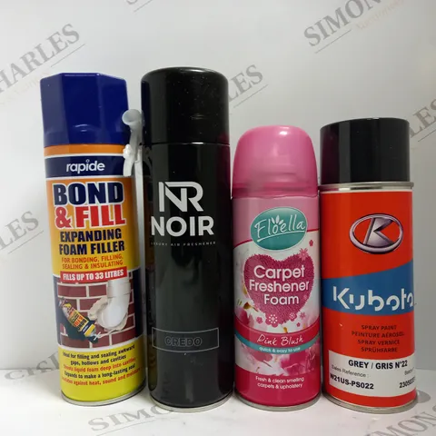 BOX OF APPROX 10 ASSORTED AEROSOLS TO INCLUDE NOIR AIR FRESHENER, FLOELLA CARPET FRESHENER FOAM, RAPIDE FOAM FILLER, ETC