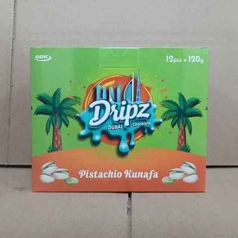 BOX OF APPROXIMATELY 15 PACKS OF DRIPZ DUBAI PISTACHIO KUNAFA CHOCOLATE (12 X 120G BARS PER PACK)