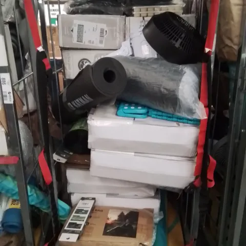 CAGE OF ASSORTED HOUSEHOLD GOODS AND PRODUCTS TO INCLUDE;SLEEPING BAG,FANS,ICE CUBE TRAYS,YOGA MAT