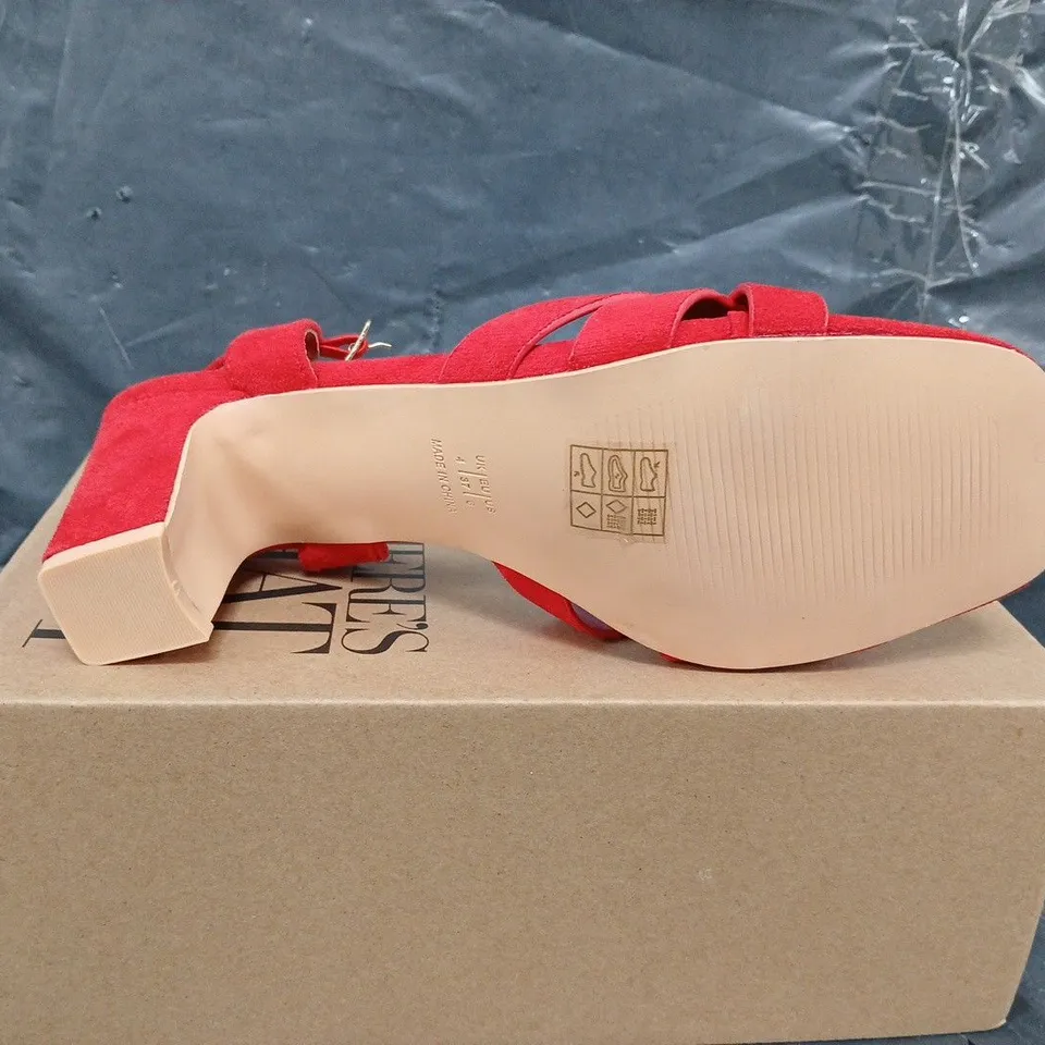 BOXED PAIR OF WHERE THEY FROM OPEN TOE SUEDE SHOES IN RED - UK SIZE 4