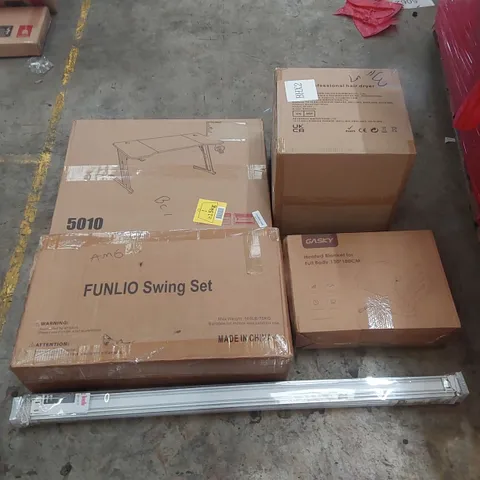 PALLET OF ASSORTED ITEMS INCLUDING: PROFESSIONAL HAIR DRYER, DESK, SWING SET, HEATED BLANKET, BLINDS ECT