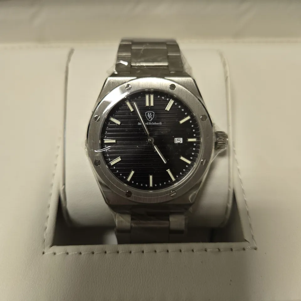 BOXED BERNARD REINHARDT MEN'S BLACK DIAL 316 STAINLESS STEEL WATCH