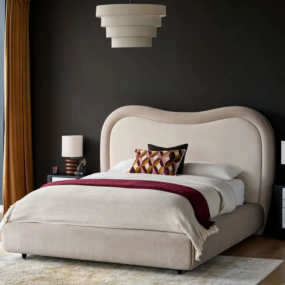 BOXED DANETTI NAOMI CHAMPAGNE VELVET AND NATURAL CHENILLE FABRIC KING SIZE OTTOMAN STORAGE BED (4 BOXES)