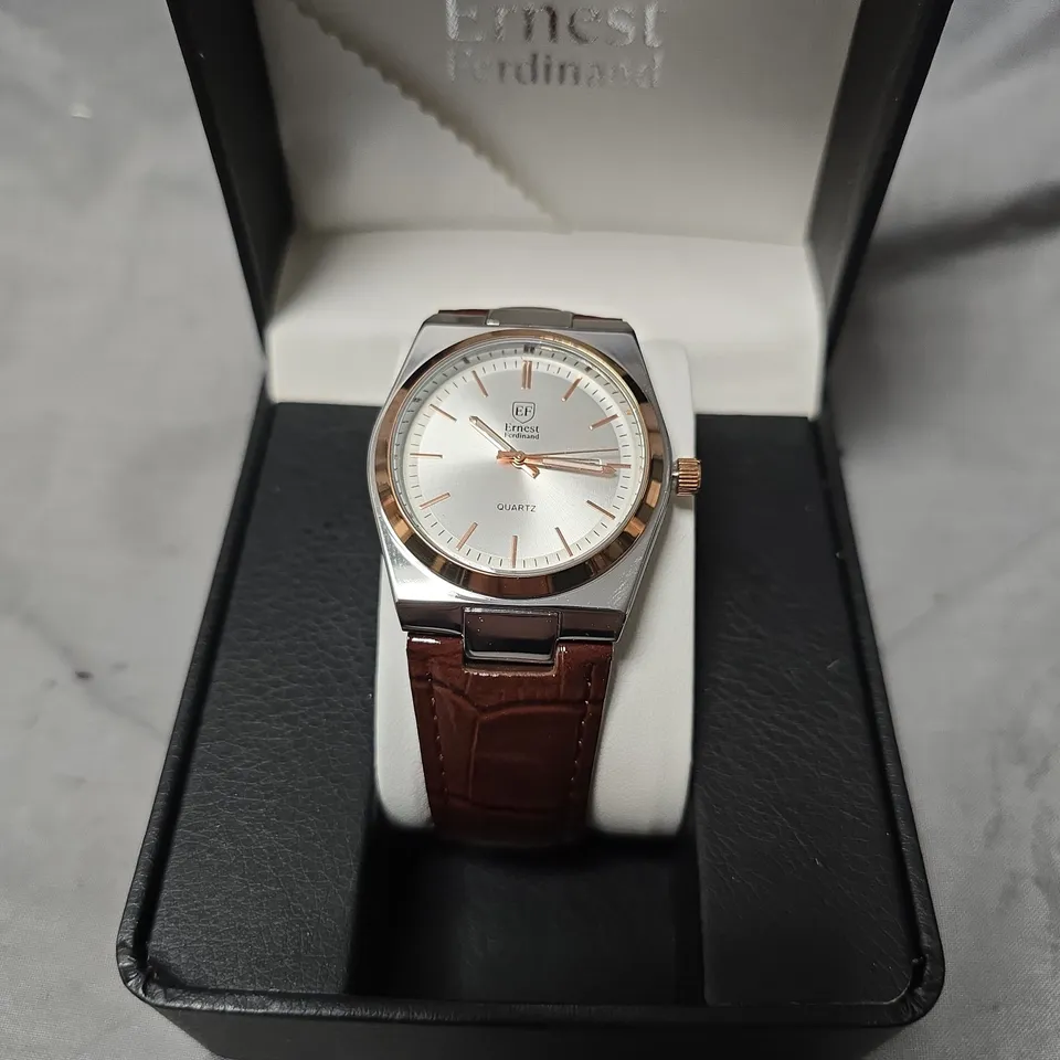 MENS ERNEST FERDINAND WATCH – DAY DATE CALENDAR DIAL – BROWN LEATHER STRAP – 3ATM WATER RESISTANT - GIFT BOX